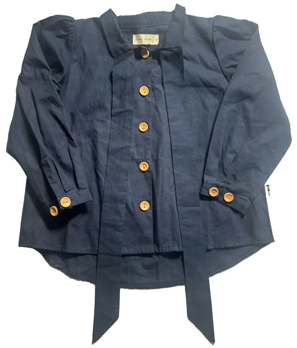 Lacey Lane Girls 4 Navy Cotton Button Front Tie Blouse